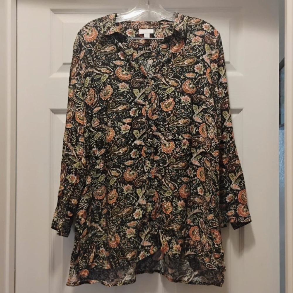 J. Jill Floral Paisley Button Up Long Sleeve Tunic Top Size M